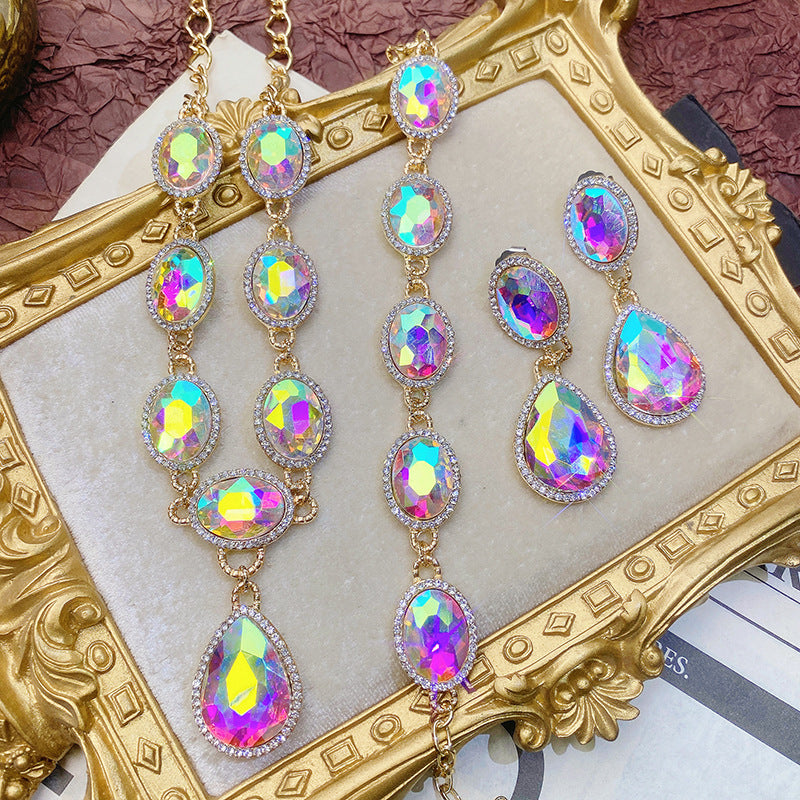 Wholesale Light Luxury Diamond Crystal Gemstone Water Drop Necklace Earrings Bracelet Three Sets